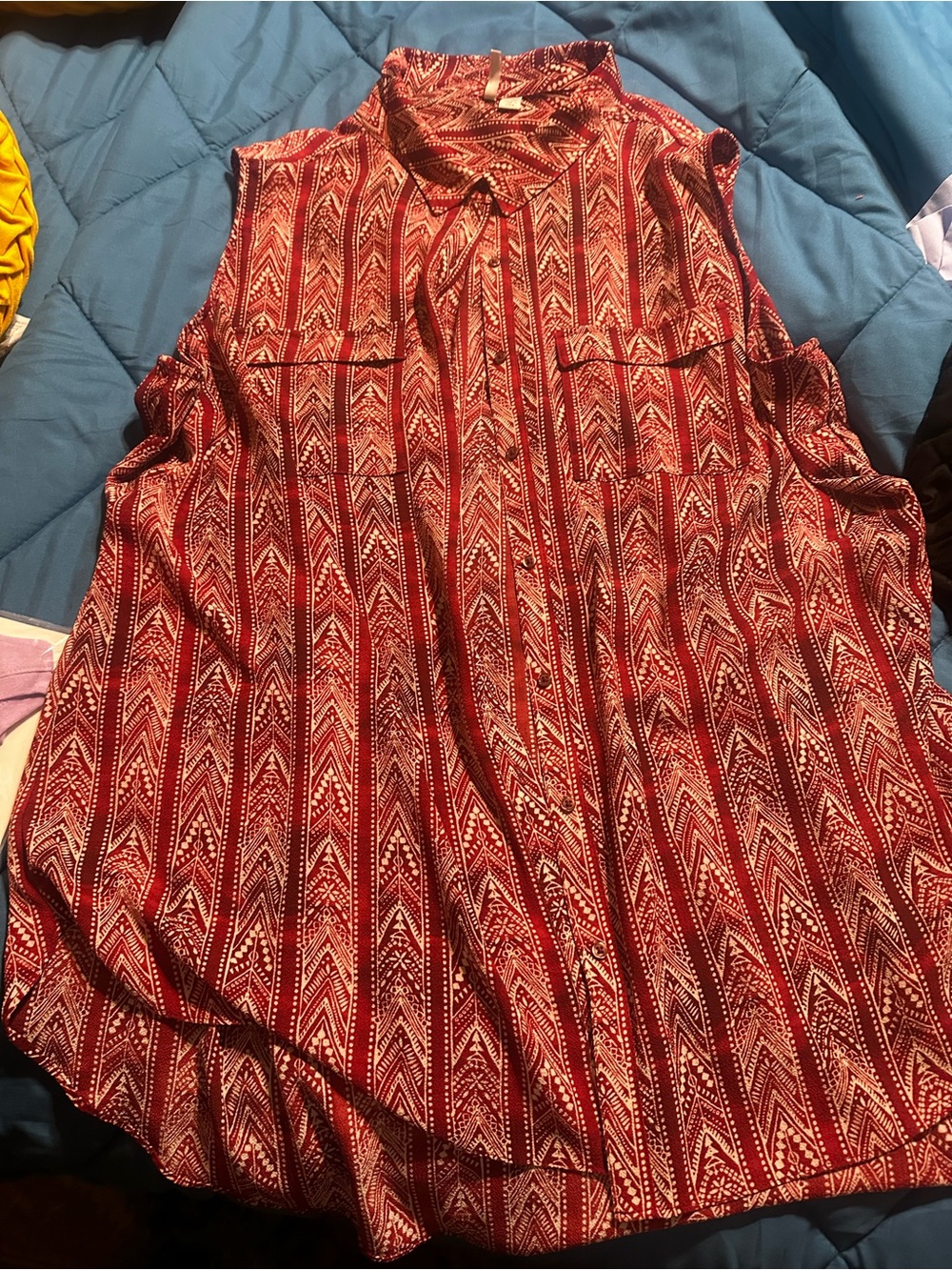 Sleeveless Red Patterned Shirt Dress